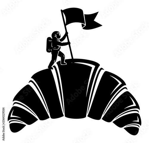 Photography Astronaut planting a flag on top of a giant croissant in surreal minimalist styl