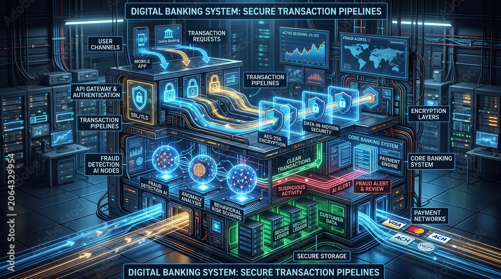 Fototapeta premium Secure Digital Banking System with Advanced Transaction Pipelines Visualization