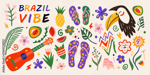 Tropical Brazil Illustration With Toucan Flip Flops And Musical Instruments