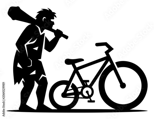 Caveman with wooden club looking at modern mountain bike surreal anachronism silhouette