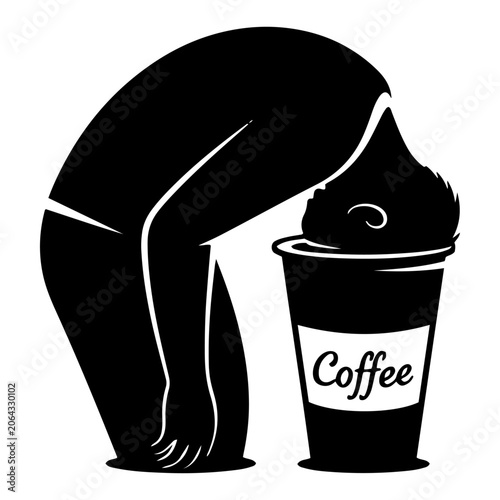 Tired man diving headfirst into giant coffee cup in minimalist silhouette style
