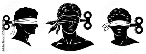 Foto Classical bust statues with blindfolds and wind-up keys in minimalist graphic st