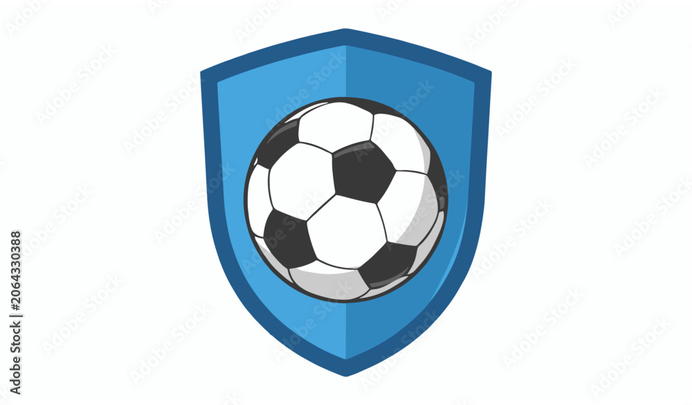 Fototapeta premium Soccer ball and blue shield sports emblem vector illustration