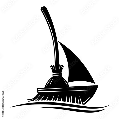 Foto Sailing boat designed as cleaning broom with mast and sail in minimalist silhoue