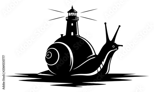 Vászonkép Giant snail carrying a lighthouse as its shell in surreal minimalist style