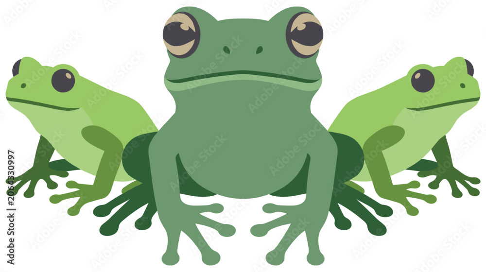 Fototapeta premium Three green frogs sitting together in a group portrait.