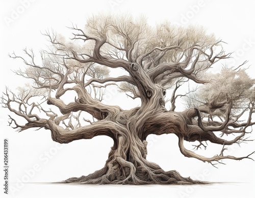 gnarled pale dead tree isolated on white background