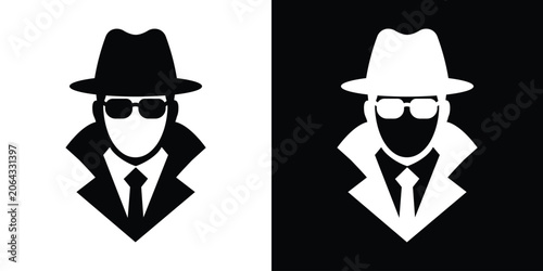 Vector avatar icon of a classic spy or secret agent wearing a fedora hat, sunglasses, and high-collared trench coat, in high-contrast black and white.
