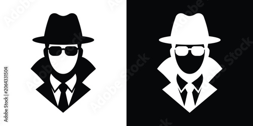 Vector avatar icon of a classic spy or secret agent wearing a fedora hat, sunglasses, and high-collared trench coat, in high-contrast black and white.