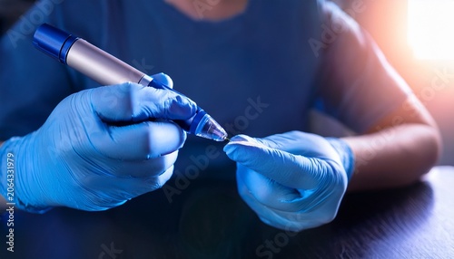close up on a needle on diabetic medication pen hands with blue glowes taping pen high quality photo