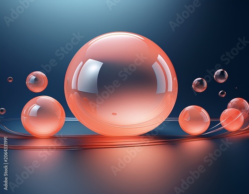 glassmorphism square card with coral spheres on dark blue gradient background