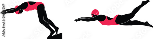 Female swimmer silhouette diving from starting block, professional woman athlete swimming vector illustration.