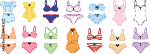 Photos Women lingerie and underwear set, cute doodle brassiere panty swimsuit vector collection illustration