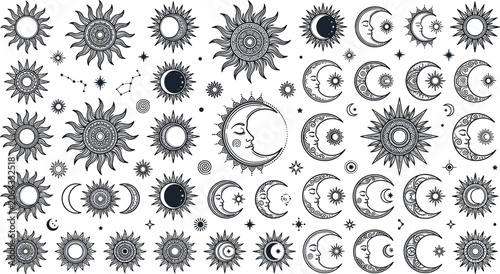 Mystical celestial sun and moon vector megaset featuring vintage linework eclipse designs crescent faces stars constellations and esoteric tribal zodiac elements