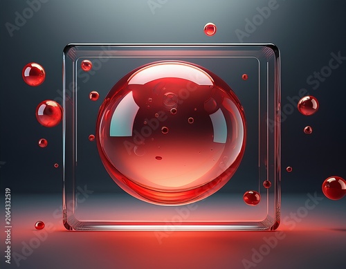 abstract glassmorphism square panel with red floating spheres on dark gradient background