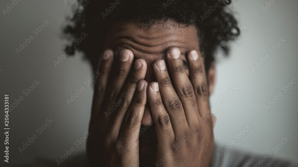 Fototapeta premium Man suffering mental health issues covering face