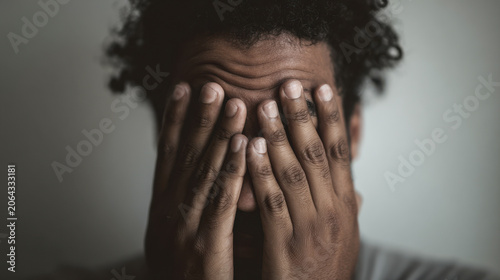 Man suffering mental health issues covering face