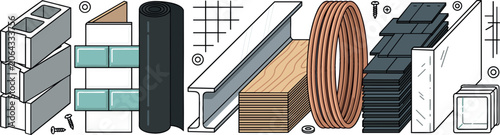 Slika na platnu Construction Materials Collection with Concrete Blocks, Bricks, Steel Beams, Lum