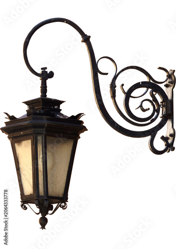 Vintage ornate black street lamp isolated on transparent background