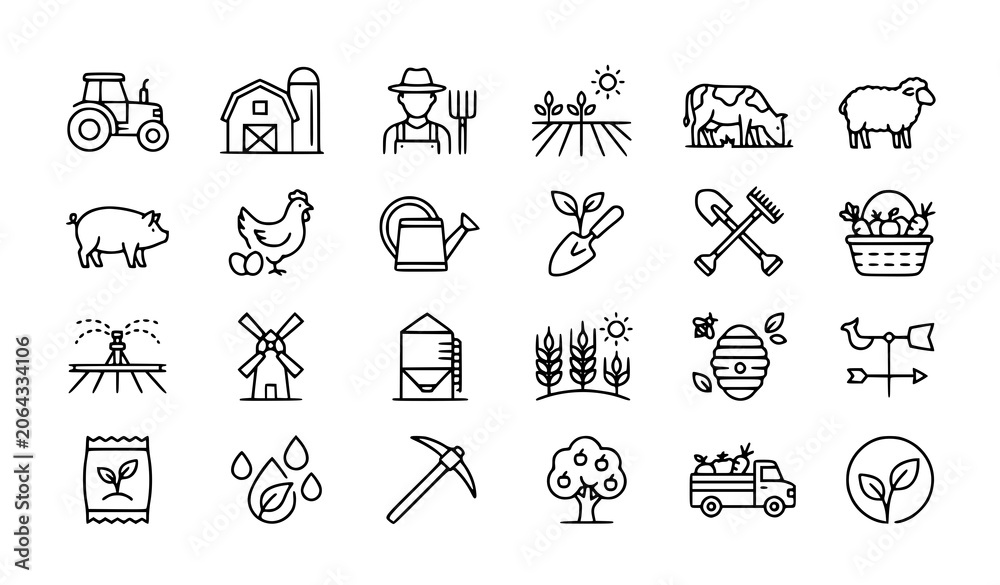 Fototapeta premium Agriculture thin line icon set with farming tools tractor and eco rural symbols