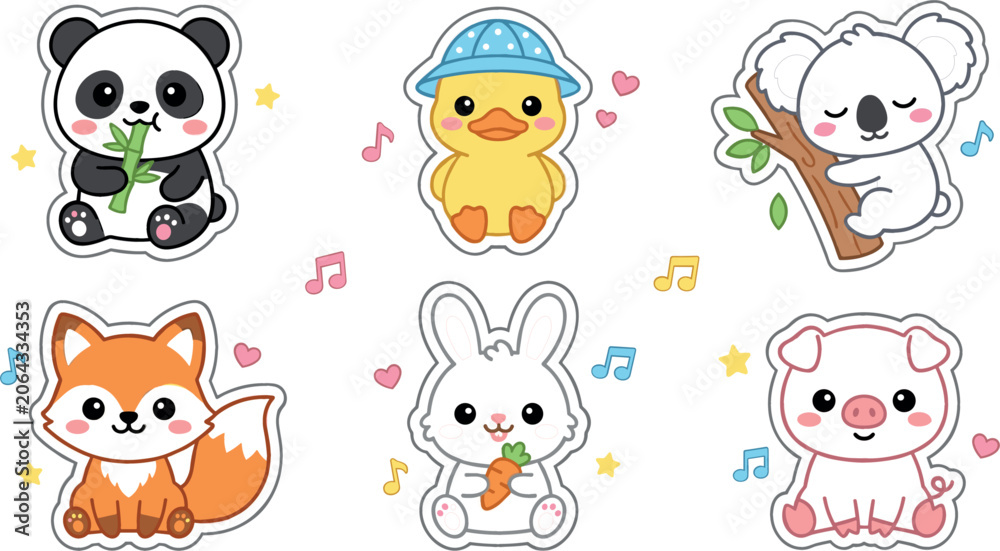 Fototapeta premium Cute Kawaii Animal Sticker Collection with Panda, Duck, Koala, Fox, Rabbit, Pig, Adorable Cartoon Characters, and Nursery Illustrations