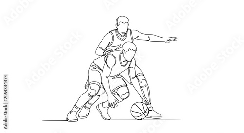Photos Continuous line drawing of basketball players in action, dribbling and defending
