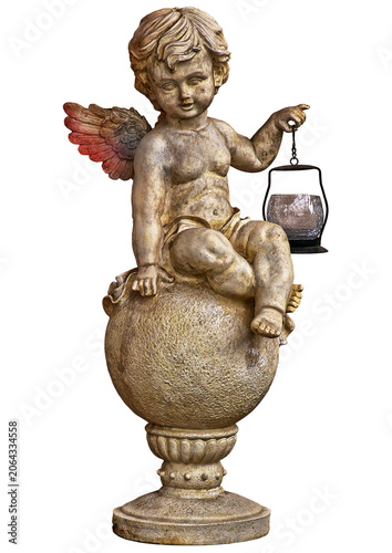 Stone cherub statue sitting on a globe holding a lantern isolated on transparent background