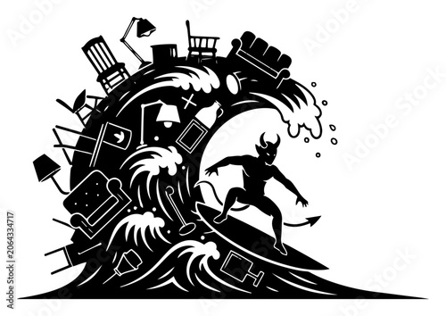 Photography Demon surfing on ocean wave made of household furniture surreal conceptual vecto