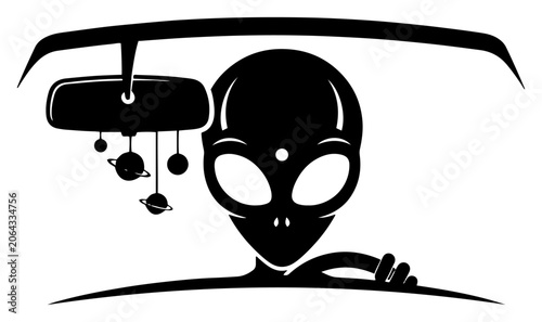 Bild auf Leinwand Alien driving car with planetary mobile on rearview mirror minimalist black and
