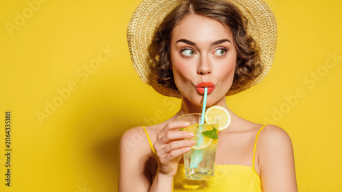 Woman enjoying refreshing lemonade drink with straw in summer