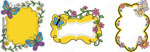 Cute Butterfly Floral Frame Set with Yellow Labels and Spring Blossoms
