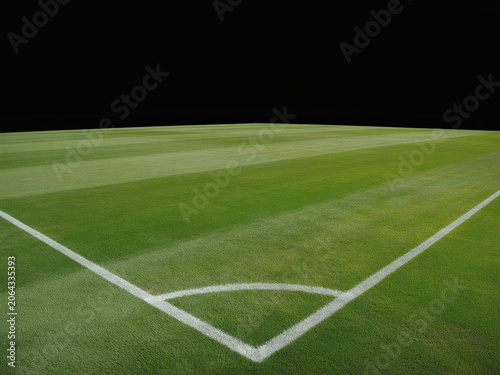 Pristine Professional Soccer Field Corner With Detailed Turf Texture Under Dramatic Dark Background Lighting