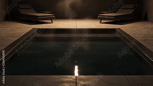 Luxurious indoor spa pool steaming at night for relaxation and wellness. Warm and moody atmosphere in a dark, exclusive resort with modern minimalist interior design