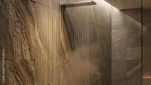 Luxury bathroom shower head pouring hot water and producing steam in a modern spa with elegant stone tile wall, representing wellness, hygiene, relaxation, and self care