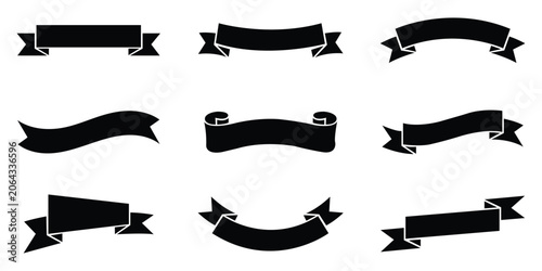Set of nine vintage ribbon banners and decorative scrolls