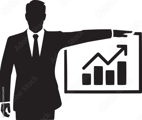 Businessman Presenting Financial Growth Chart Silhouette Icon Design, Business Growth Analytics Presentation Silhouette Vector Illustration