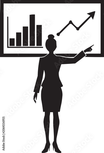 Businesswoman Presenting Financial Growth Chart Silhouette Vector Illustration, Female Business Presenter Showing Analytics Growth Graph