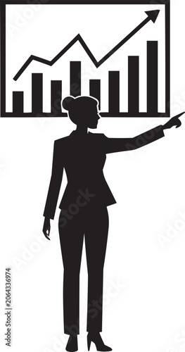 Businesswoman Presenting Financial Growth Chart Silhouette Vector Illustration, Female Business Presenter Showing Analytics Growth Graph