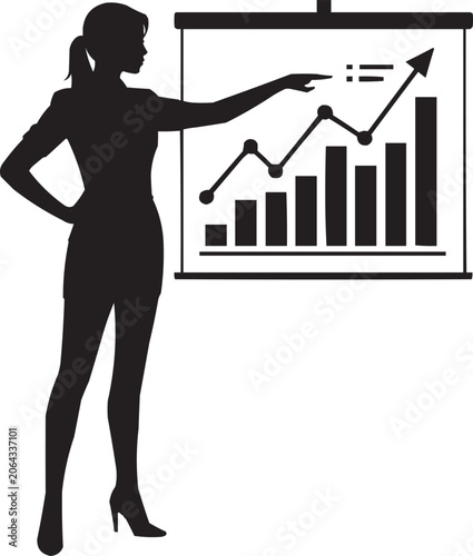 Businesswoman Presenting Financial Growth Chart Silhouette Vector Illustration, Female Business Presenter Showing Analytics Growth Graph