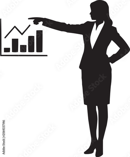 Businesswoman Presenting Financial Growth Chart Silhouette Vector Illustration, Female Business Presenter Showing Analytics Growth Graph