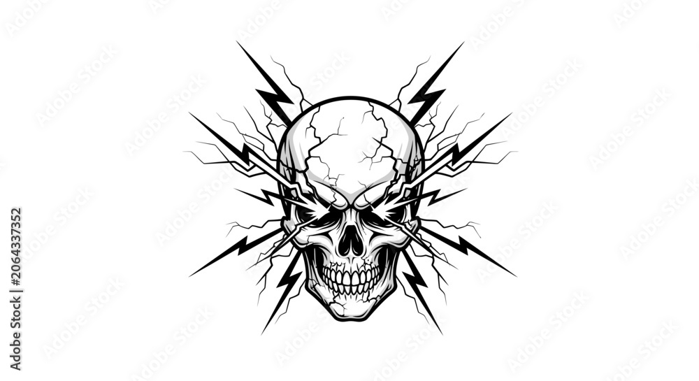 Fototapeta premium Human skull with dual lightning bolts design.