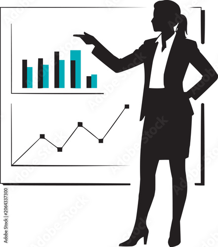 Businesswoman Presenting Financial Growth Chart Silhouette Vector Illustration, Female Business Presenter Showing Analytics Growth Graph