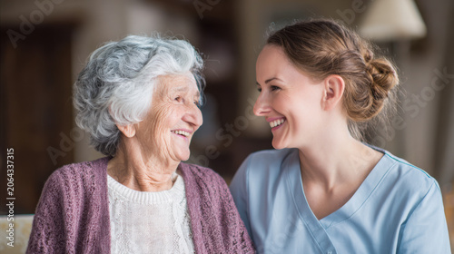 Caregiver and senior woman smiling together, enjoying company