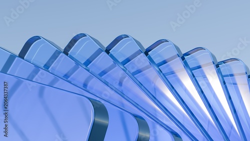 Quadro su tela Abstract 3D render of layered blue glass panels overlapping in a fan pattern