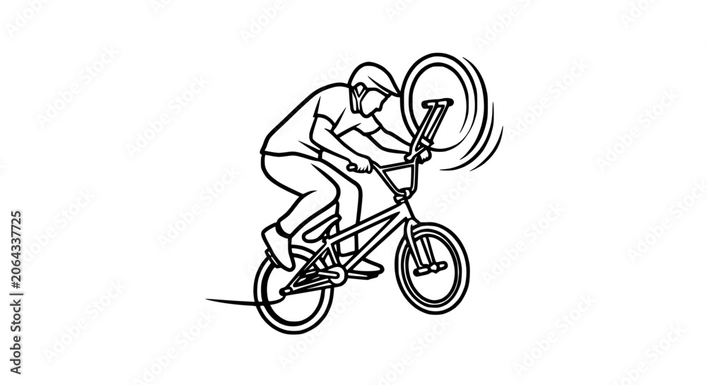Naklejka premium BMX Rider Performing Trick on Bicycle, Line Art Illustration