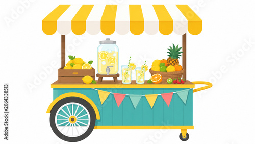 Summer Holiday Generic refreshment cart with lemonade and fruit Flat Vector Illustration on White Background