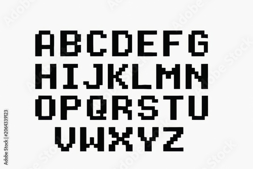 Pixelated alphabet letters in black on white background  