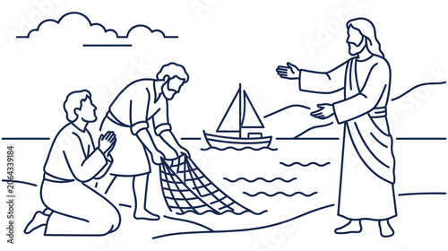 Photography Jesus Christ meeting fishermen by sea with small boat.