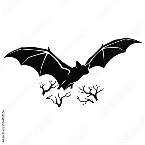 Tablou pe pânză Spooky black silhouette illustration of a terrifying flying vampire bat with spr