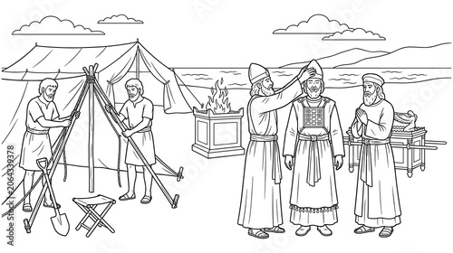 Foto Ancient biblical scene showing priests in a desert camp.